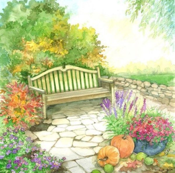 Пейзаж со скамейкой рисунок