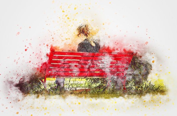 Человек на лавочке акварель