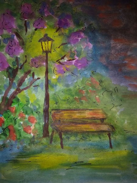 Скамейка в парке акварель