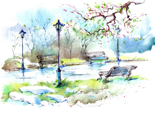 Весенний городской пейзаж акварелью