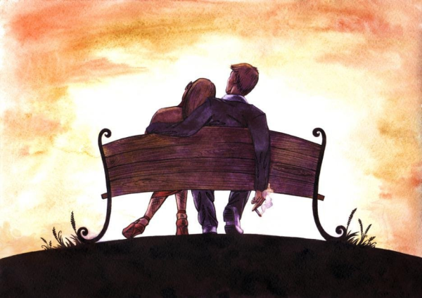 Картина пара на скамейке