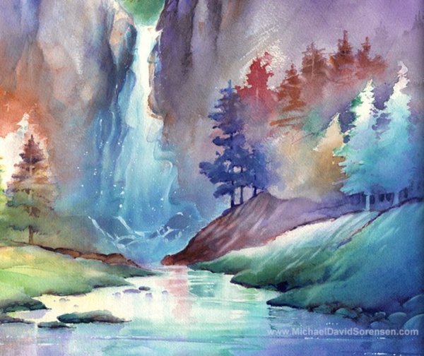 Пейзаж акварелью с водопадом