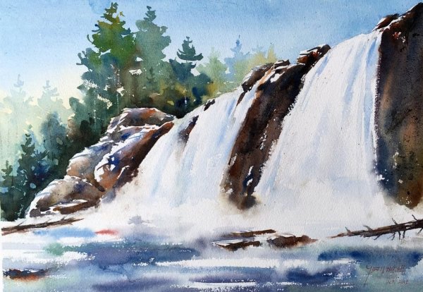 Водопад живопись акварель