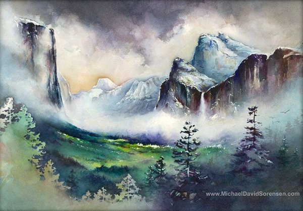 Акварель водопад зима