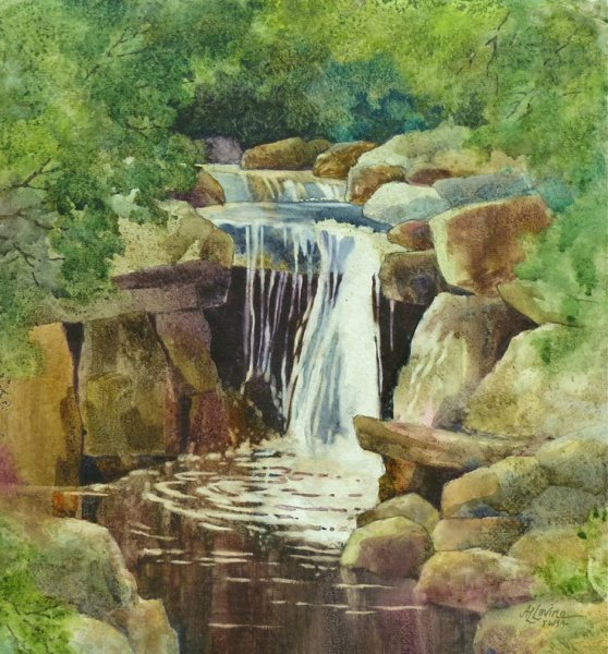 Пейзаж акварелью с водопадом