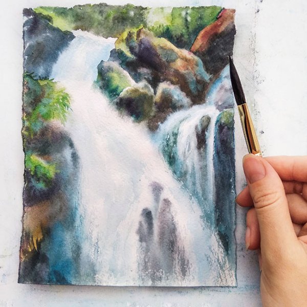 Водопад акварелью для начинающих