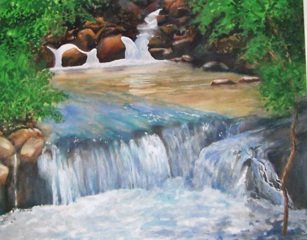 Водопад живопись акварель