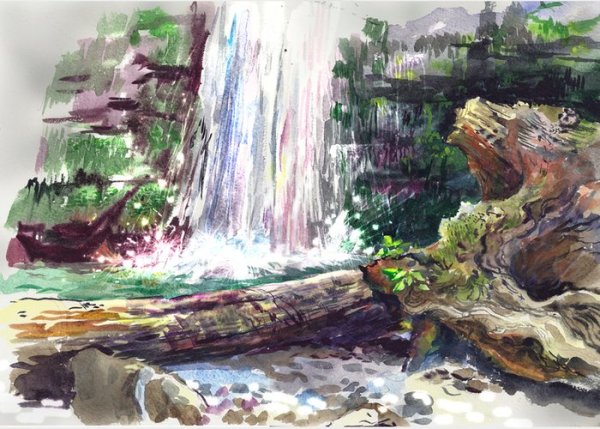 Водопад Этюд акварелью