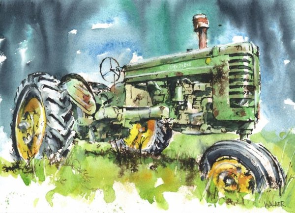 Пейзажи с трактором акварель