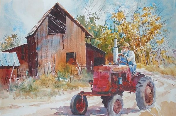 Старый трактор живопись