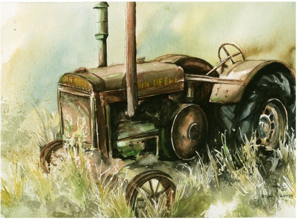 Сенокос на тракторе акварелью