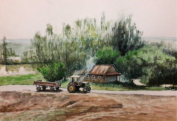 Старый трактор живопись