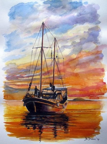 Живопись акварель море парусник