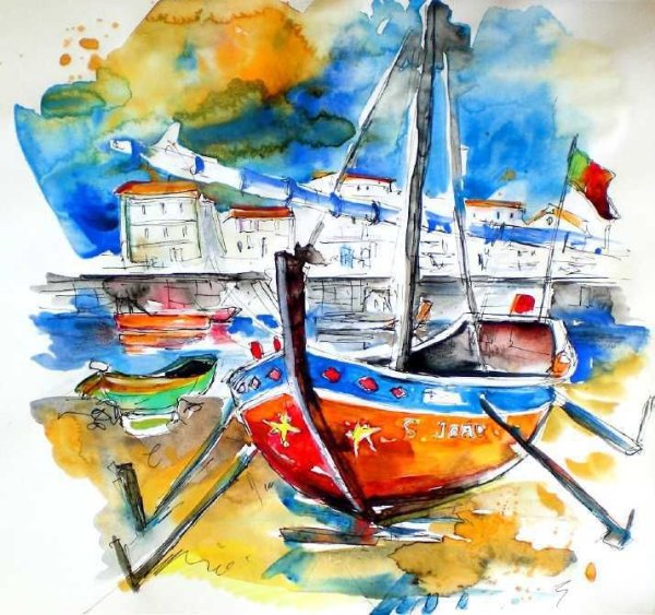 Военный корабль акварелью