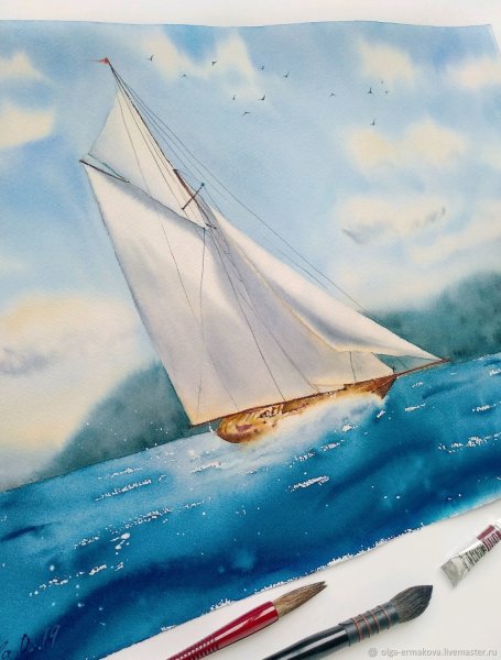 Крузенштерн парусник акварель