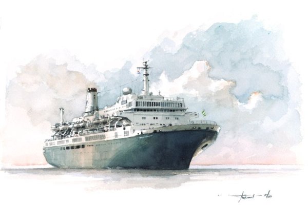 Морской пейзаж с кораблем акварелью