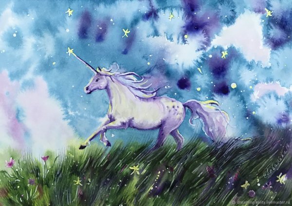 Радужный Единорог акварелью