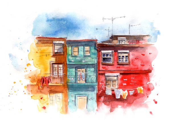 Многоэтажка акварелью