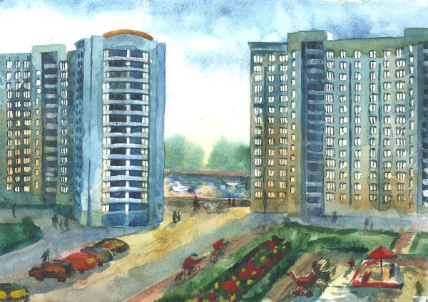 Многоэтажный дом акварелью