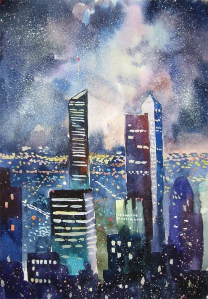Ночной город гуашью
