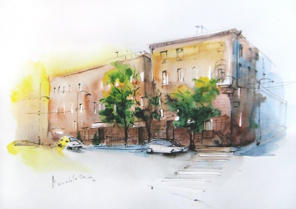 Этюд городского пейзажа акварелью