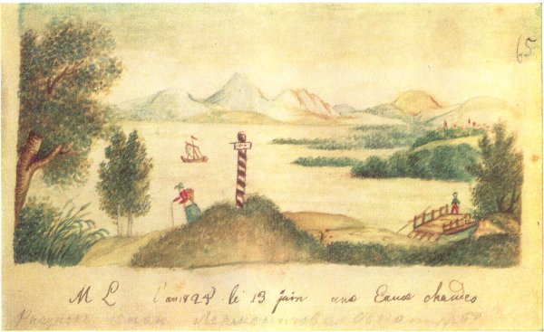 Пейзаж с озером акварель Лермонтова, 1825 г.