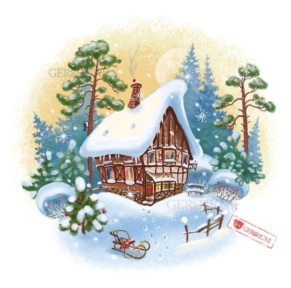 Зимние домики акварель