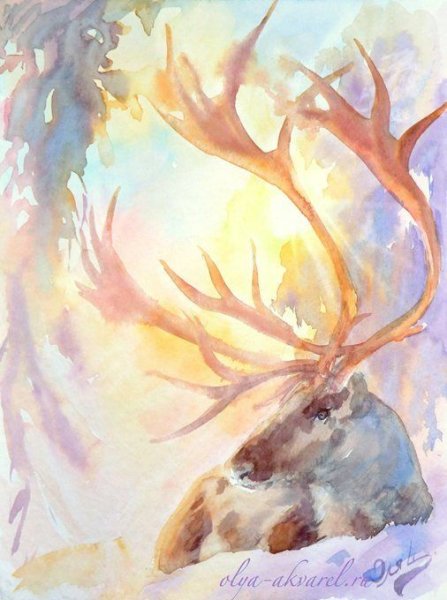 Зимние олени акварель