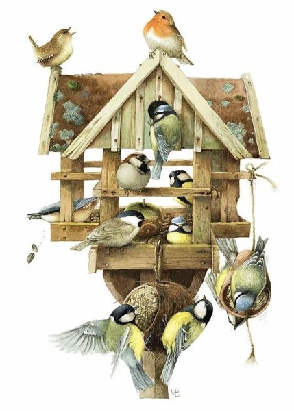 Иллюстрации птиц на фоне скворечников