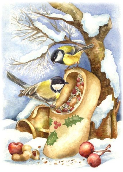 Птицы зимой для декупажа