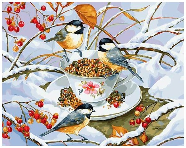 Зима синицы живопись