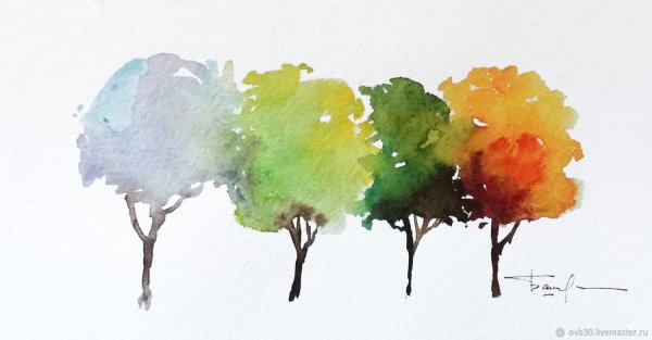 Дерево зима лето акварелью