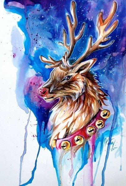 Новогодний олень акварель