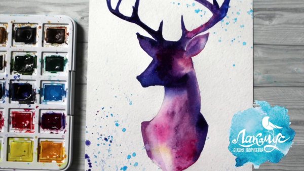 Олень и космос акварель