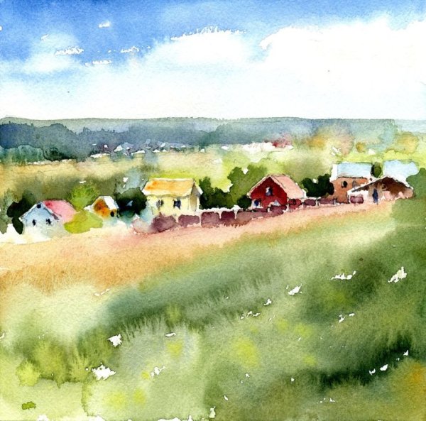 Пленер Этюд акварелью деревня