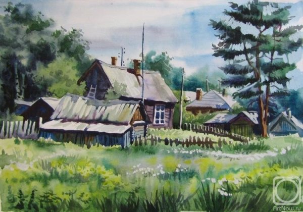 Сельский пейзаж акварелью