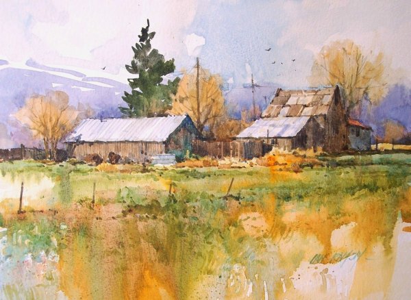Деревенский пейзаж акварелью