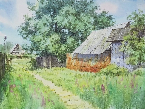 Деревенский пейзаж акварелью