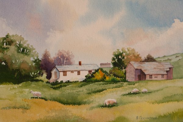 Сельский пейзаж акварелью
