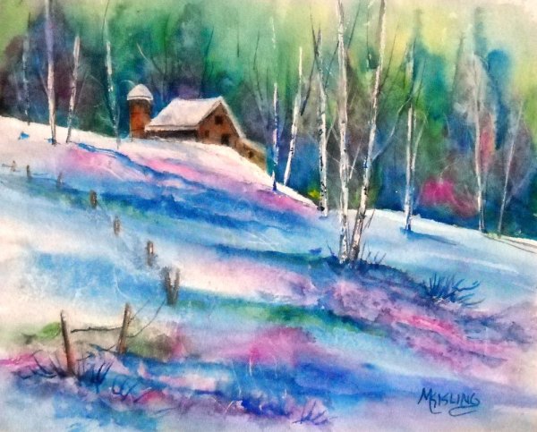 Детский зимний пейзаж акварелью
