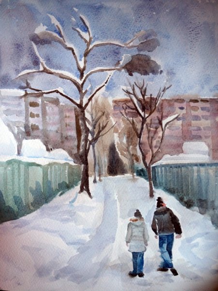 Зимнее утро акварель