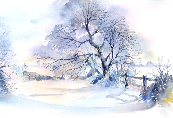 Снежный пейзаж акварелью