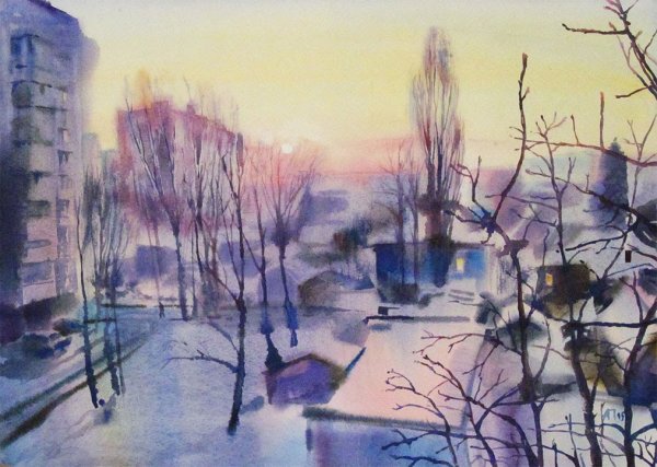 Зимний пейзаж акварель по сырому