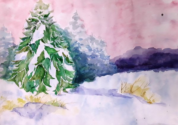 Чудесное зимнее утро акварель