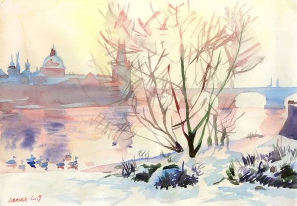 Ранняя Весна в городе акварель