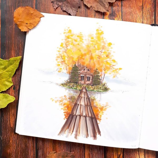 Осенний скетч маркерами