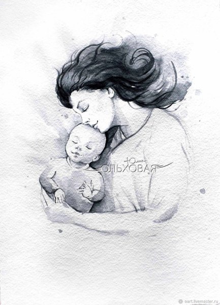 Мама с ребенком акварель