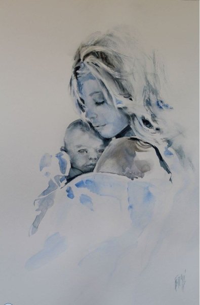 Мама с ребенком акварель