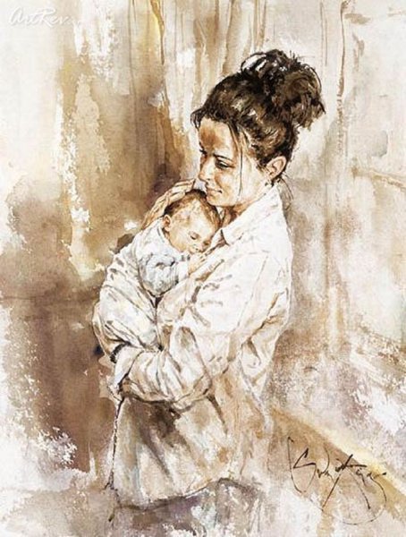 Мама с ребенком акварель