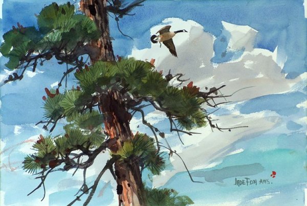 Сосновый лес акварель